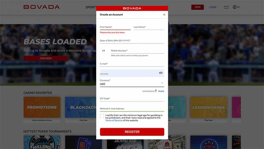 Bovada sign up page