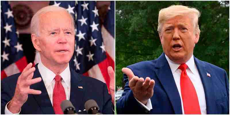 A composite shot of Biden to the left of Trump, both speaking