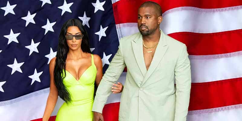 Kanye West and Kim Kardashian in front of a USA Flag