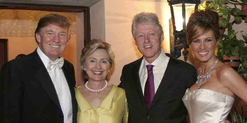 Donald and Melania Trump posing with Bill and Hillary Clinton at their wedding