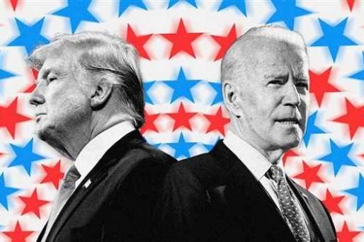 Trump and Biden in front of red and blue star background