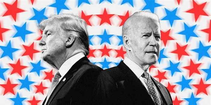 Trump and Biden in front of red and blue star background